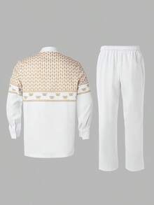 2 pièces Ensemble chemise et pantalon Dashiki - Style élégant et chic, imprimé blocs de couleurs et chemise à manches longues avec col montant, pantalon à taille élastique, ensemble 2 pièces confortable et inspiré de l'Afrique pour le port casual, les fêtes, les mariages et les événements culturels