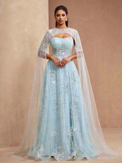 AMILUCK New Elegant High-End Fashion Women's Heavily Embellished Sequin & Sequins Floral Lace Spaghetti Strap Maxi A-Line Dress With Sheer Lace & Sequin Capelet Sleeves, Suitable For Formal Evenings, Parties, Galas, Weddings