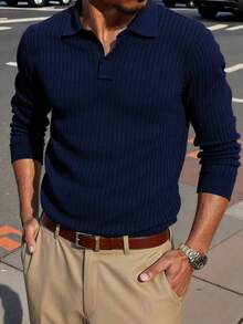 HUODA Men's Loose Thin Long Sleeve Striped Knit Polo Shirt, Minimalist & Fashionable, Suitable For Daily Commute, Spring/Autumn - Navy Blue - View 2