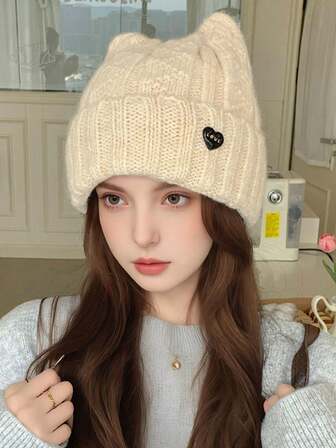 1個 レディース かわいい猫耳ビーニー帽子、スウィート&キュート、秋冬、ほとんどの人に対応、ニット素材 あたたかい帽子
