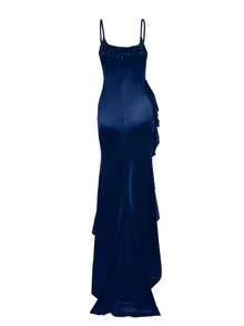 Onicee Women's Autumn Fashion Ruffled Slit Slip Dress - Navy Blue - View 6