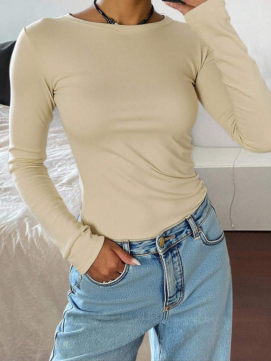 Livesso Camiseta térmica de cuello de barco sólido de manga larga para mujer, con forro polar - Caqui - Ver 1