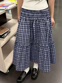 女式撞色格子高腰荷叶边休闲裙，春夏季 - 藍色 - 查看 2