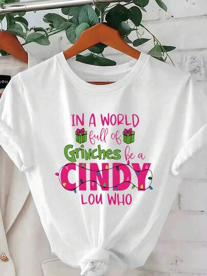 Women's White Casual Short Sleeve T-Shirt - "Grinches Be A CINDY" Holiday Graphic Print, Round Neck Summer Top