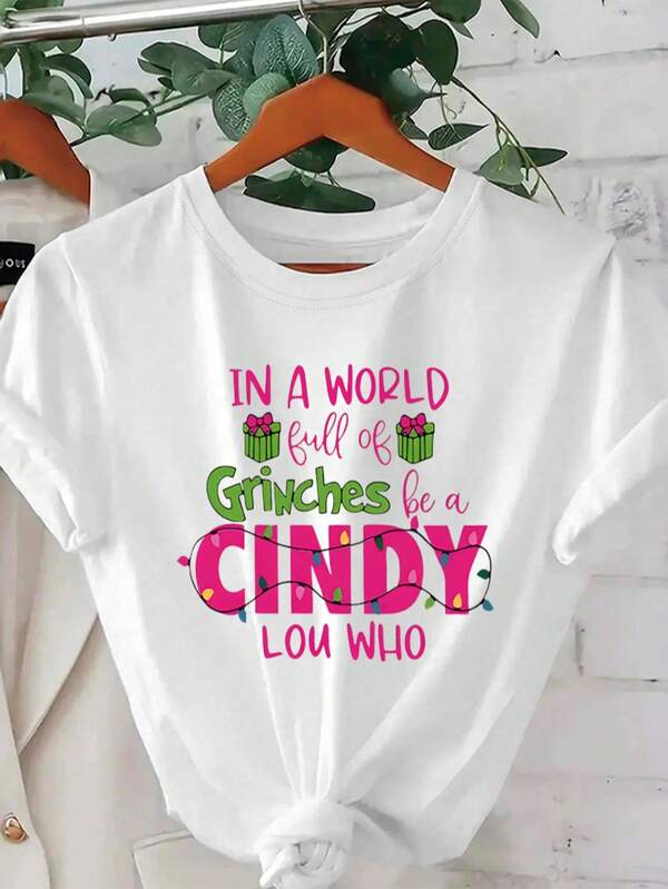 Women's White Casual Short Sleeve T-Shirt - "Grinches Be A CINDY" Holiday Graphic Print, Round Neck Summer Top