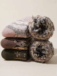 1双/5双女士新款秋冬厚款保暖复古几何图案袜子，男女情侣款，时尚百搭中筒袜