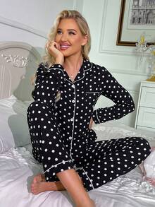 Conjunto de pijama de manga larga con estampado de lunares, ropa de otoño e invierno para mujer