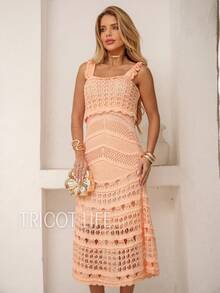 Women's Summer Midi Dress Crochet Knit Premium Lace Lined Thin Strap Elegant Party Beach Chic New Year's Eve Christmas - 珊瑚橙 - 查看 2