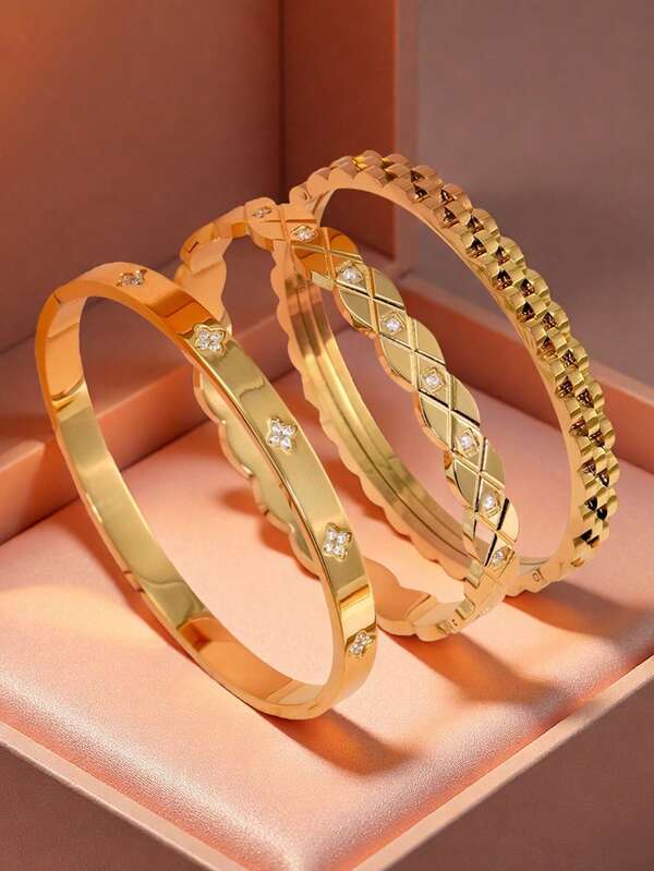 1 pieza/3 piezas Pulsera de acero inoxidable 304L chapada en oro de 18K con trébol de cuatro hojas, adecuada para uso diario de mujeres, estilo clásico europeo y americano popular, con circonita cúbica incrustada, joyería de muñeca generosa y personalizada de alta gama, conjunto de joyería de boda, adecuada para niñas, mujeres, madres, familiares, amigos, un hermoso regalo para bodas, cumpleaños, Día de la Madre, San Valentín