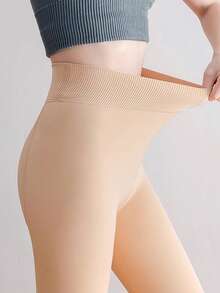 Medias térmicas gruesas para mujer, medias térmicas de invierno con forro cálido, de cintura alta, elásticas, delgadas y sexys, color beige, 220g