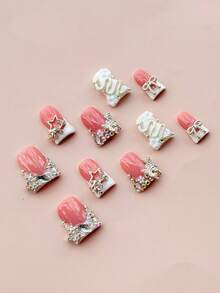 10pcs Y2K1style Manicure Set With Handmade Medium-Long Coffin-Shaped Nails, Decorated With Colorful Rhinestones, Butterflies, Snake Designs, And Other Fancy Embellishments. These Nails Are Perfect As A Gift For Women For Parties Or Everyday Outfits. Handmade Press On Nails - Silver - View 2