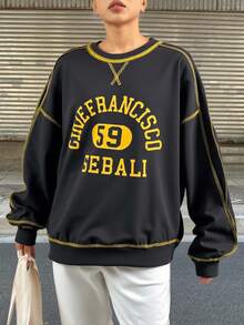 Livesso 1 件女式宽松撞色字母图案印花 T 恤 - 灰色 - 查看 1