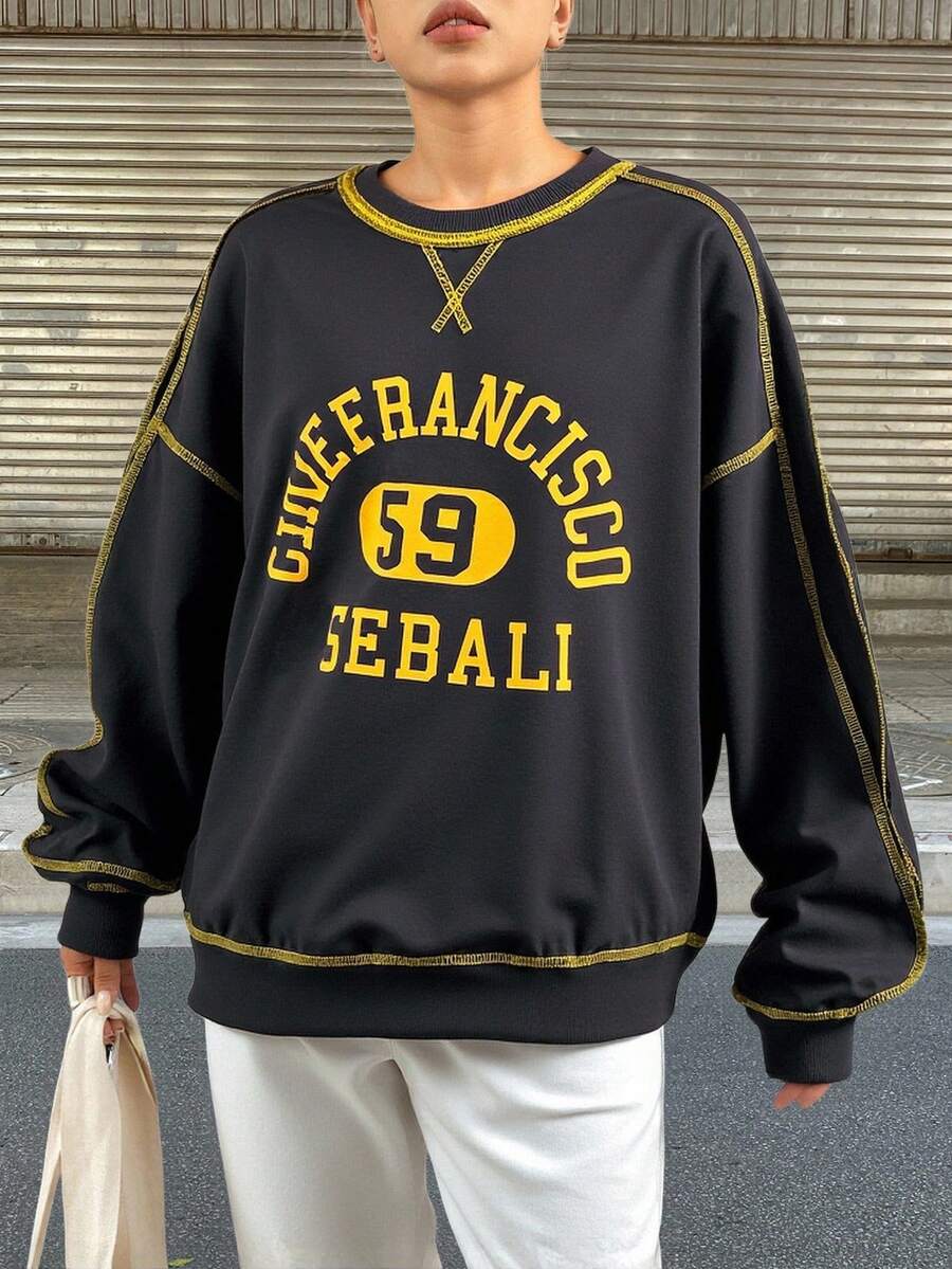 Livesso 1 件女式宽松撞色字母图案印花 T 恤 - 灰色 - 查看 1