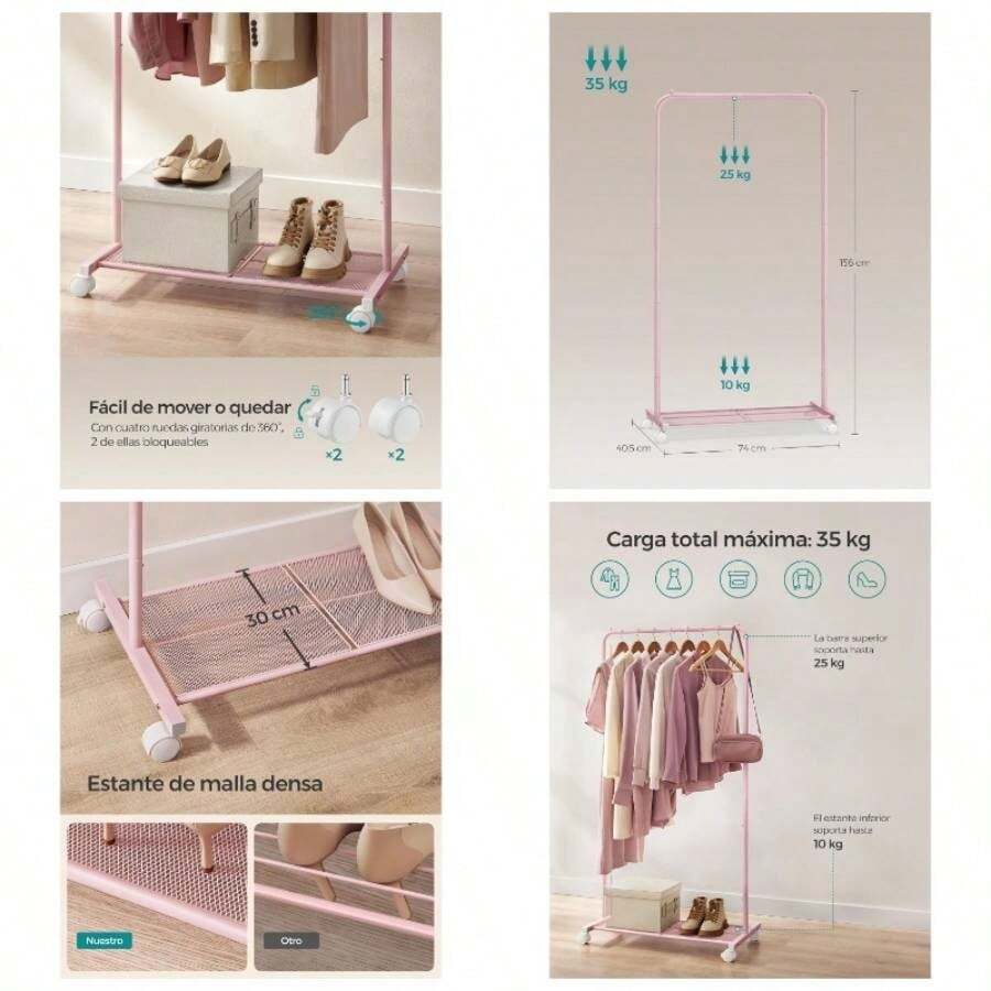 Perchero Burro con Ruedas, Perchero de Ropa, 40.5x 74x 158, Estante de Malla Densa, 2 Frenos, Marco de Acero, Blanco MHSR130W01 - Rosa Jalea + 74W cm - Ver 1