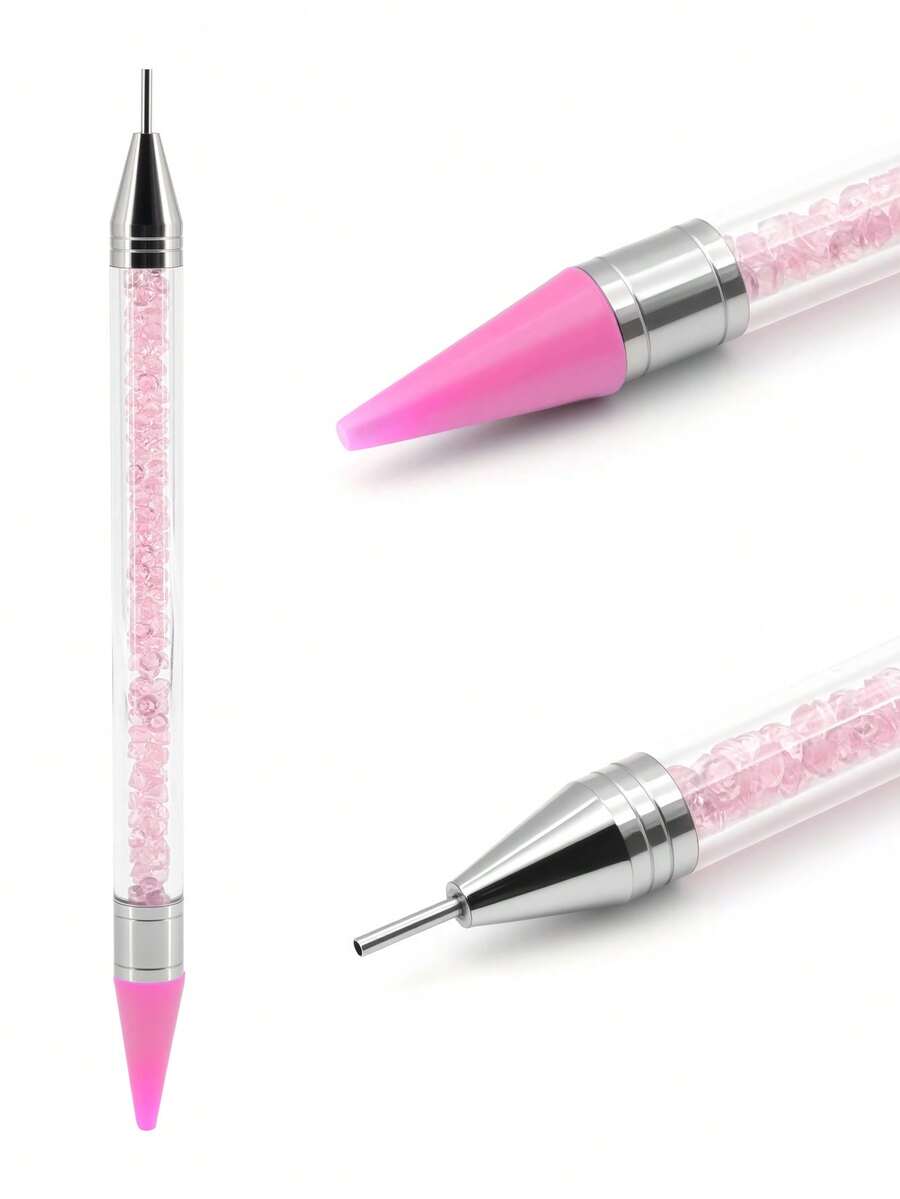 1支粉色美甲双头工具，硅胶头设计，可拆卸，可用于水钻装饰和美甲点钻笔 - 粉色 - 查看 1