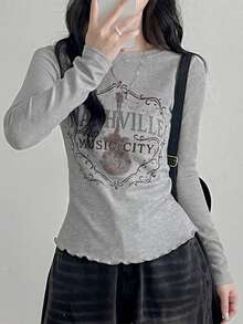 2025 Spring/Autumn Elegant Casual Personalized Printed T-Shirt - Grey - View 5