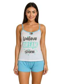 Pijama de Verão Short Curto Blusa Alça Estampado Linha Noite