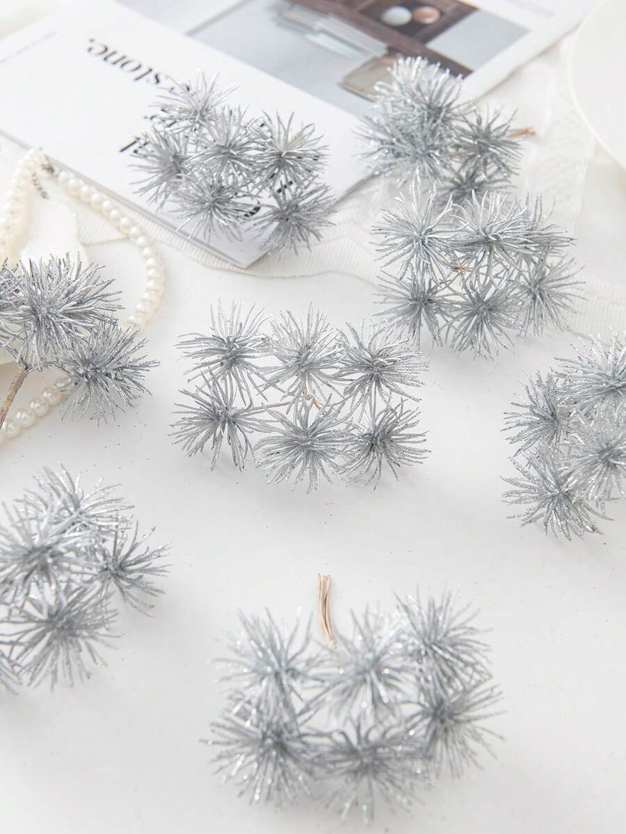 1束银色（6头）人造植物，迷你蓟花花束，DIY花环材料，新娘腕花，胸花，头饰，婚礼装饰，家居装饰，情人节礼物，新年礼物，糖果盒包装，生日派对蛋糕装饰，圣诞节装饰，房间装饰 - 銀色 - 查看 1