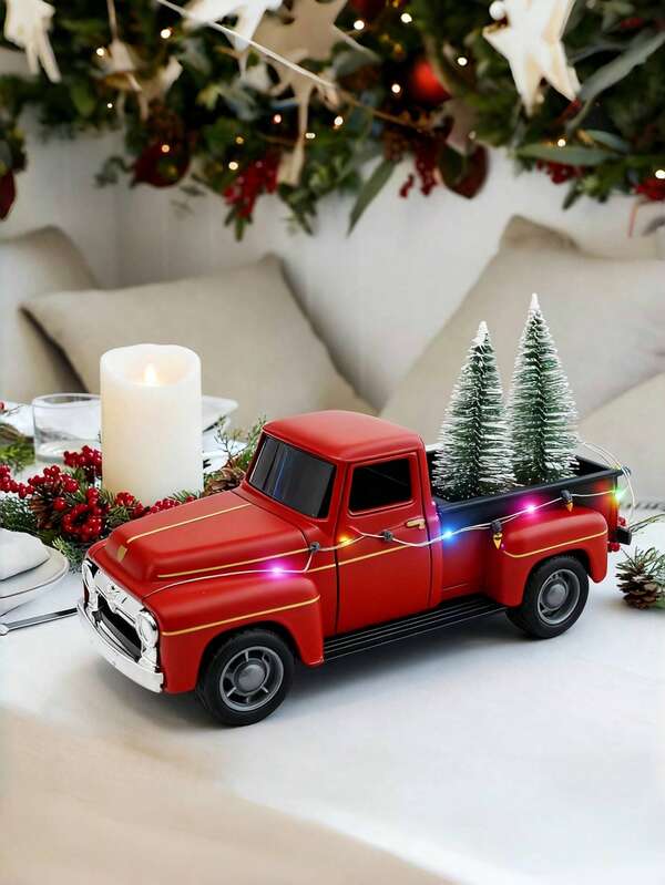 1 pieza - Decoración de camión rojo estilo granja para Navidad, modelo de camión rojo retro de metal, camioneta vintage roja de metal con adornos de mini árboles de Navidad, para el hogar, la cocina, la granja, regalos de Navidad, regalos de cumpleaños, decoraciones para hornear pasteles, adecuado como regalos de Navidad y cumpleaños.