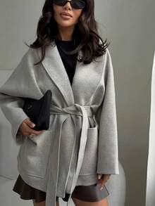 Abrigo universitario de mujer con cuello de chal, hombros caídos, manga larga, unicolor, con cinturón y bolsillos para otoño/invierno