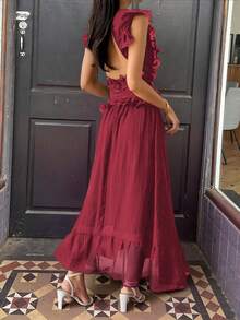 Unadoll Women's Casual Vacation Deep V Sexy Backless Ruffle Hem Dress, Suitable For Beach, Travel, Daily Life, Date, Music Festival And Back To School - Burgundy - View 7