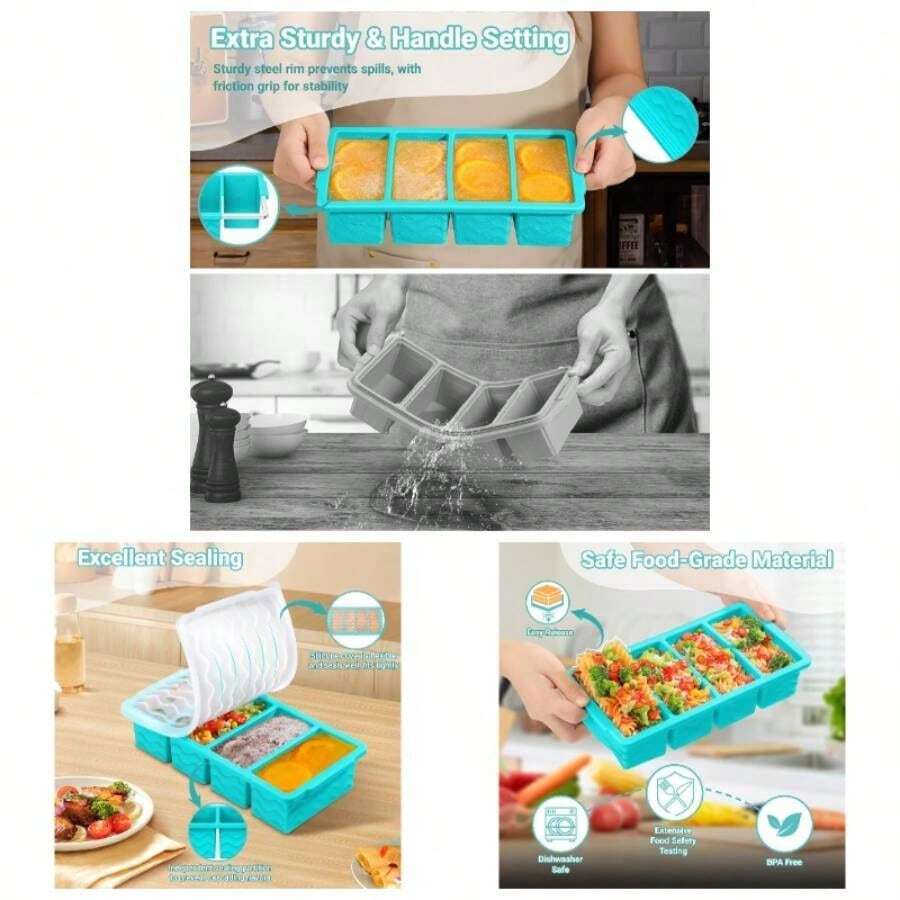 Silicone Freezer Molds Soup With Lid U2013 1 - Cup Soup Container Style Cube Trays Freezer, Meal Prep Food Storage, Freeze 250mL125mL Portions U2013 2 Pack - 湖藍色 - 查看 1
