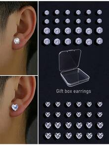 48pcs Geometric Round Square Cubic Zirconia Shiny Stud Earrings, Simple Punk Hip-Hop Style, Gift Box Packing, Suitable For Party, Festival, Date, Gift And Daily Wear