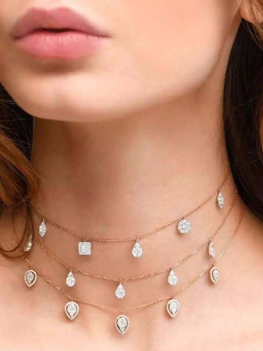 金色项链，水滴形方晶锆石镀铜项链，优雅可爱，适合日常佩戴、约会、聚会和送礼 - 金色 - 查看 1