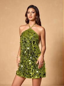 Elegancka, dopasowana mini sukienka damska w kolorze zielonym z odkrytymi plecami i cekinami, seksowna, swobodna, modna, na co dzień, na przyjęcie urodzinowe, noworoczne, jako sukienka dla druhny i gościa na zakończenie szkoły, sukienka świąteczna