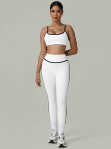 GOSOUER 2 件套 CO Ord 套装春夏女士时尚白色线条瑜伽运动文胸和紧身裤 - 白色 - 查看 4