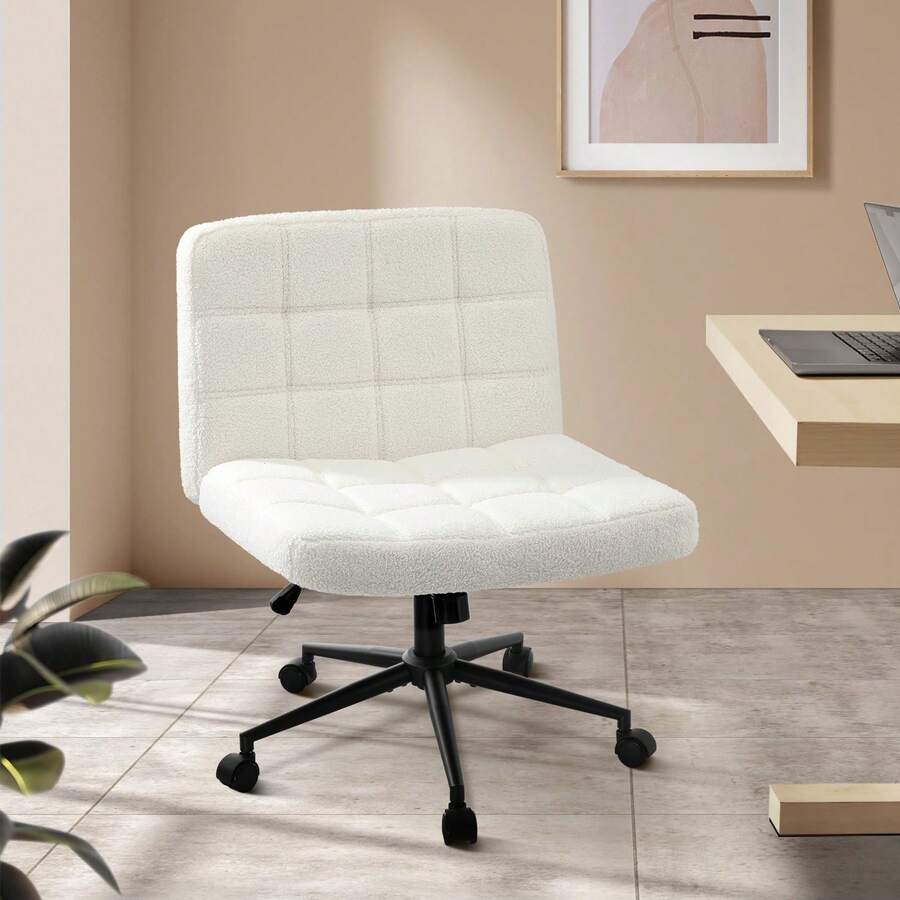 SUN YEE Swivel Armless Desk Chair, Boucle Cross Legged Office Chair With Adjustable Height And Backrest, Vanity Chairs W/Wide Seat & Spinning Castors For Bedroom Home Office, White