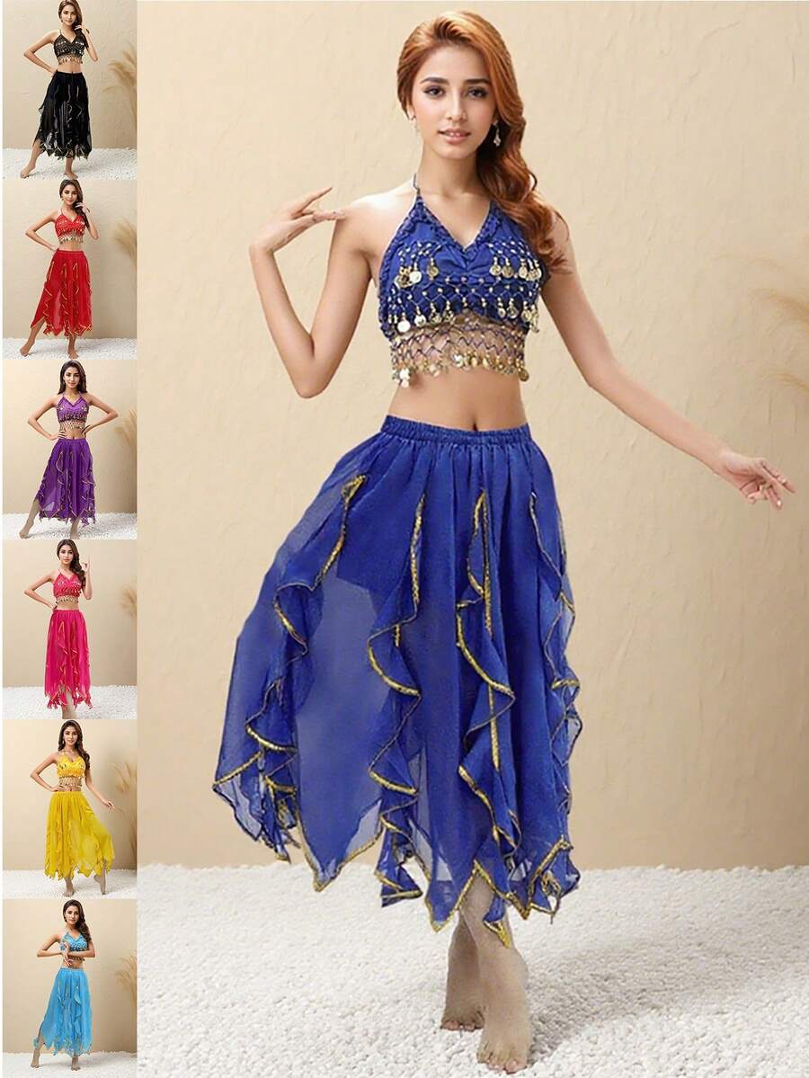 Bộ đồ múa bụng hai mảnh dành cho nữ: Áo croptop hở lưng đính sequin và chân váy chiffon bất đối xứng họa tiết lá sen. - Nhiều màu - Xem 1