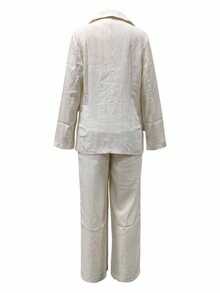 Women's Linen Comfortable Casual Commuting Solid Color Blazer Collar Pocket Button Long Sleeve Jacket And Elastic Waist Loose Pants Set