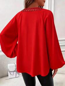Autumn Back To School Solid Color Popular Long Sleeve Ruffle Blouse - Red - View 3