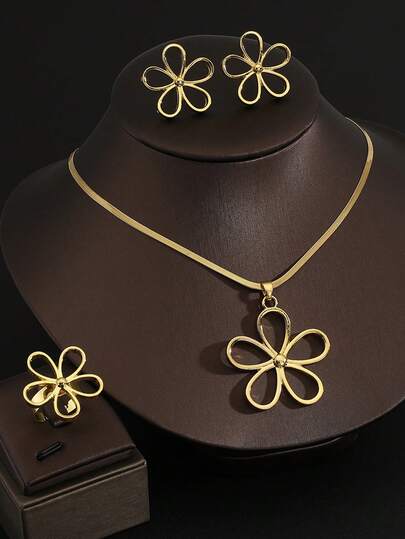 3 件套不锈钢金色花朵项链耳环戒指首饰套装，适合女士，优雅的日常配饰