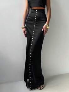 女士秋季纯黑色缎面简约休闲优雅性感纽扣高开衩半身裙，适合日常穿着、约会、通勤、夏季办公等场合。 - 黑色 - 查看 1