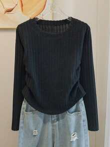 青少年女孩褶皱长袖修身罗纹汗衫，13-16 岁