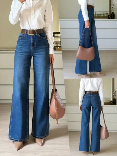 Pantalones vaqueros rectos y elásticos n.º 9650, elegantes y de moda, casuales y versátiles, pantalones vaqueros de pierna ancha y acampanada para mujer