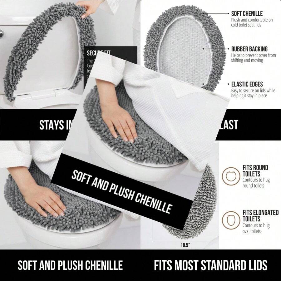 GORILLA GRIP Shag Chenille Bathroom Toilet Lid Cover Hine Wash Ultra Soft Plush Seat Covers Large Fabric Covers 19.5x18.5 Fits Standard Toilet Lids Bathroom Accories And Decor Gray