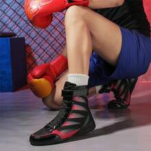 Sapatos de luta livre masculinos, sapatos de boxe de cano alto, sapatos de treino, botas de kickboxing, sapatos para artes marciais e fitness, sapatos esportivos profissionais masculinos de alta qualidade, confortáveis, antiderrapantes, duráveis, respiráveis, com suporte para o tornozelo e solado texturizado.