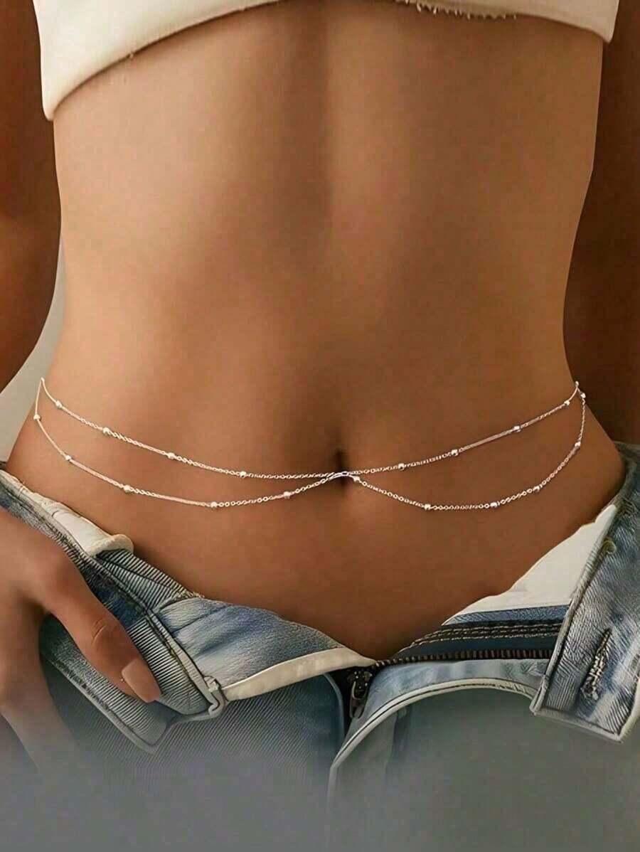 1pc Versatile Minimalist Round Bead Waist Chain, Fashionable Copper Round Beads Layered Body Chain Women, Summer Beach Party Small - Bạc - Xem 1