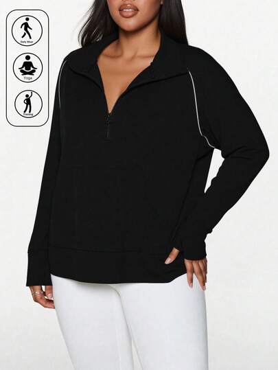 Christmas Plus Size Women Sports Sweatshirt, Long Sleeve Running Outdoor Hoodie, Half Zip Up Pullover