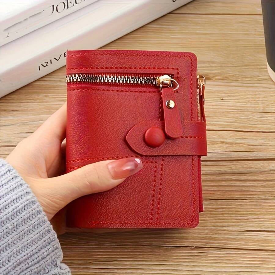 Women's Fashion Wallet - New Solid Color Card Holder Thin Style - Multiple Card Slots For Credit Cards - ID Card Holder, (4 Colors Available) - Rose Red - View 1