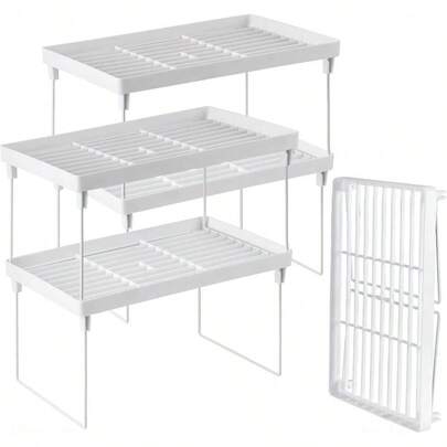 4 - Pack Stackable Plastic Kitchen Storage Shelf Foldable Rack - White Kitchen Cabinet Organizer And Storage Shelves Stackable Expandable Storage Rack