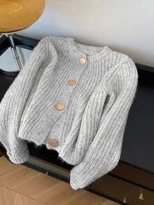 Women's Solid Color Ribbed Cardigan With Round Button, Fashionable And Elegant Autumn/Winter Apparel