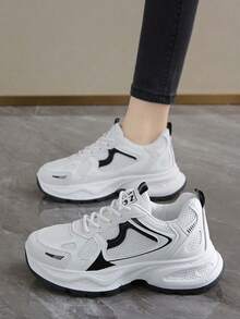 Women's Spring/Autumn New Sports Chunky Sneakers, Mesh Breathable Platform Low Vamp Wedge Heel Casual Shoes, Lightweight Versatile Fashion Casual Lace-Up White Grey Sneakers, White Blue - Black - View 5