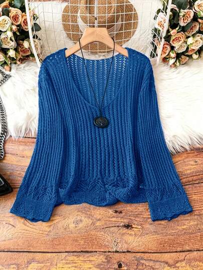 Suéter de punto calado y transparente con parches de encaje de unicolor