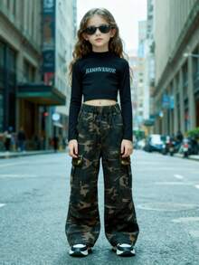 Girls' Versatile Camouflage Cargo Pants, New Outdoor Casual Sports Loose Straight Leg Trousers, Tween Girl & Teens Clothing