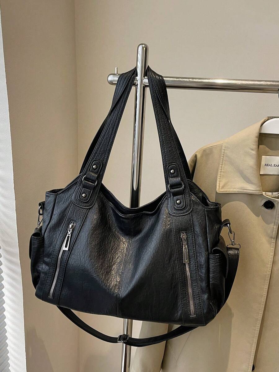 ‌"Sophisticated Black PU Leather Tote Bag With Removable Crossbody Strap | Spacious Multi-Compartment Design | Versatile For Work & Leisure | Premium Quality & Stylish Aesthetic"