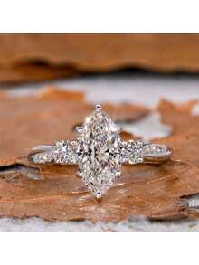 925 纯银奢华马眼形白钻戒指，适合女士、新娘、浪漫求婚结婚周年礼物、承诺戒指、精美珠宝